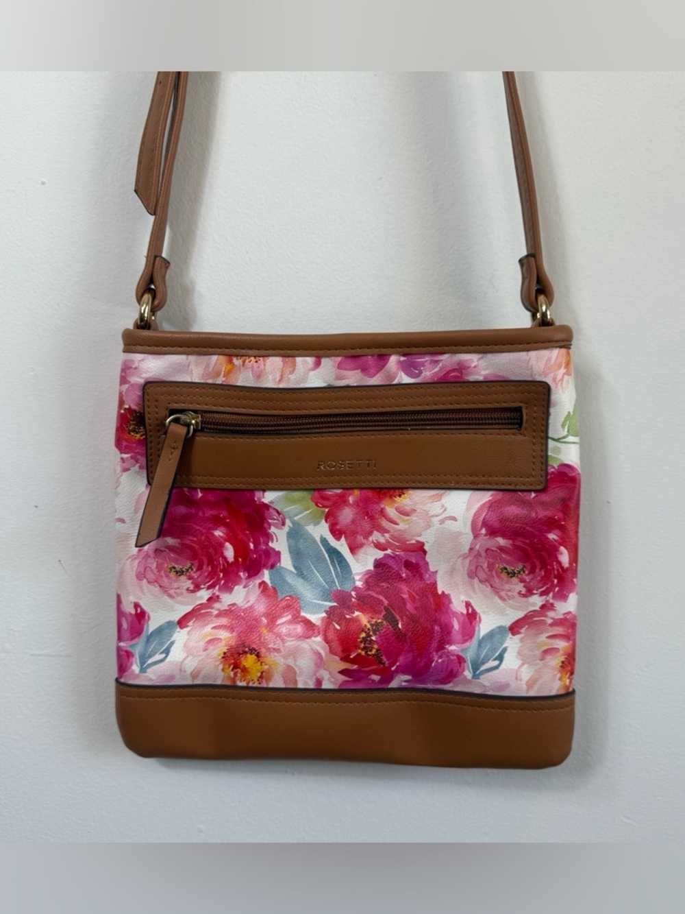 Rosetti Pink Watercolor Floral Crossbody Bag Vegan Leather Trim Romantic Spring